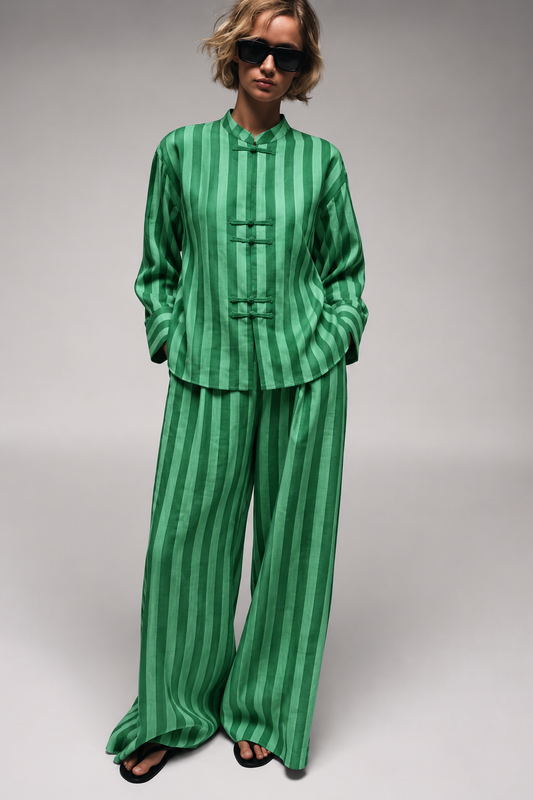 Green Striped Frog-Button Wide-Leg Co-ord Set