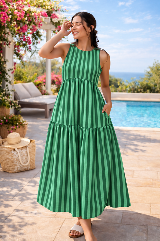 Green Striped Sleeveless Tiered Maxi Dress