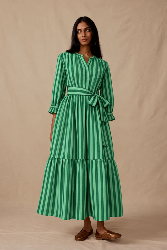 Green Striped Belted Shirt Maxi Dress