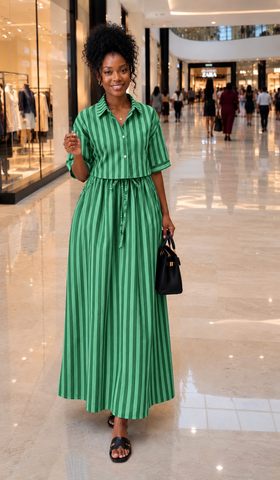 Green Striped Cropped Shirt and Maxi Skirt Set