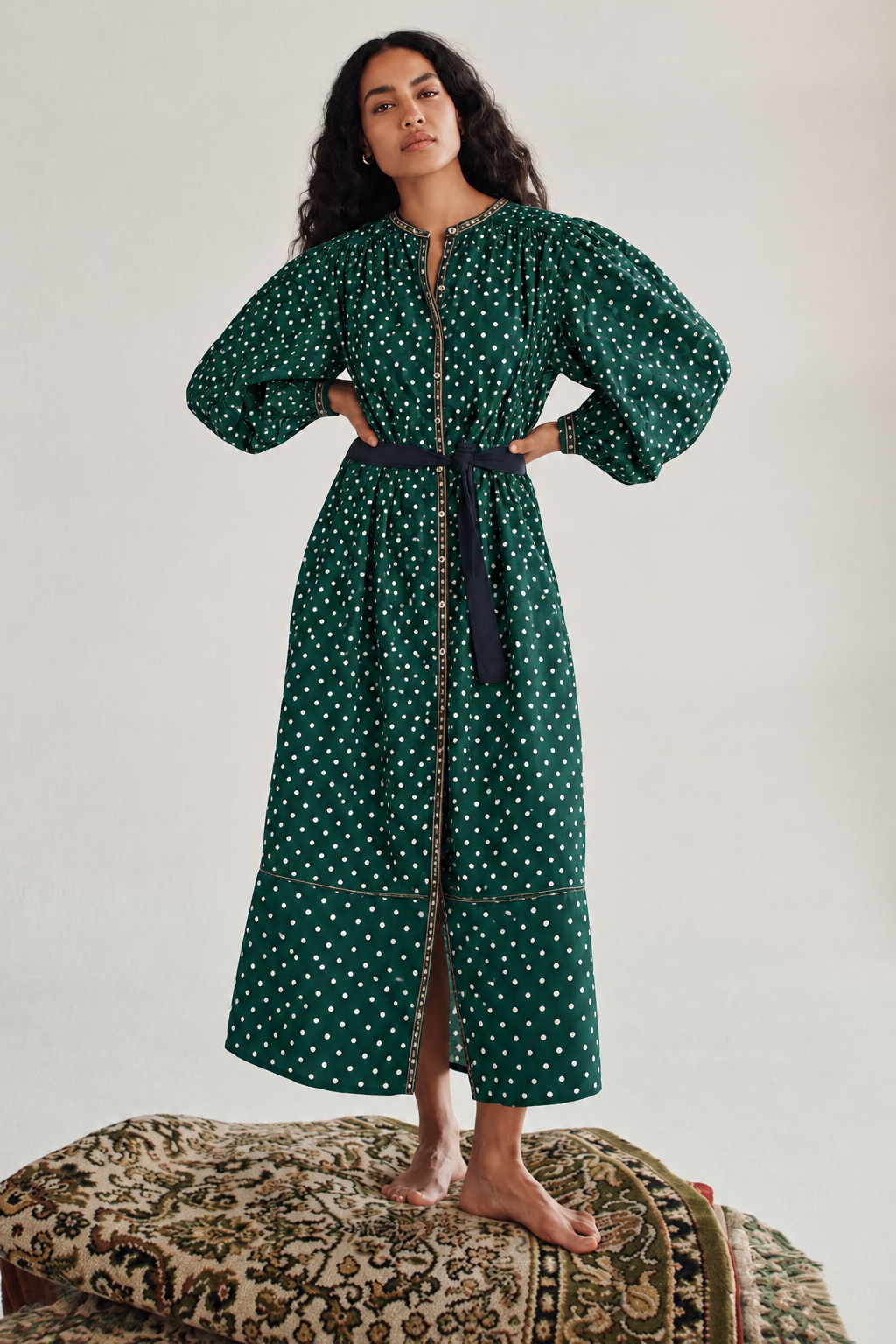Emerald and White Polka Dot Belted Long Shirt Dress