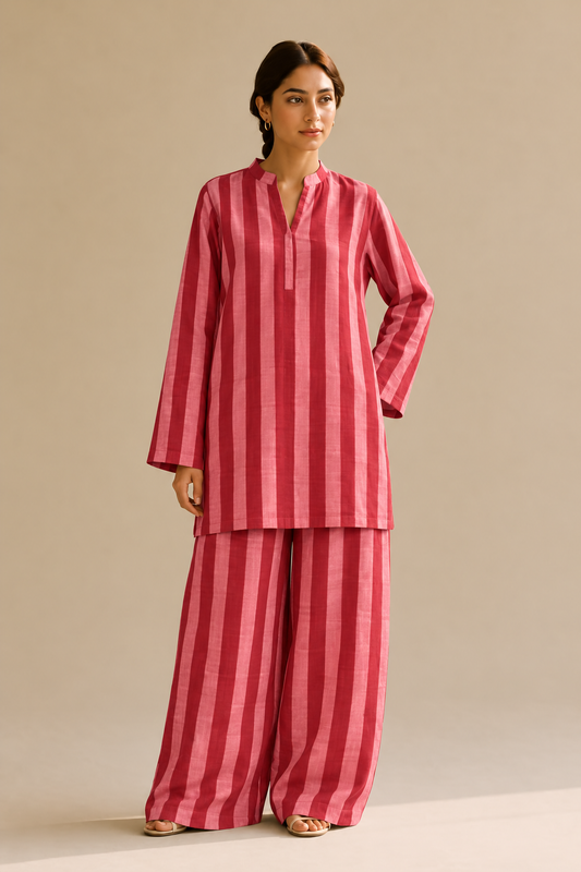 Pink Striped Tunic and Wide-Leg Trouser Set