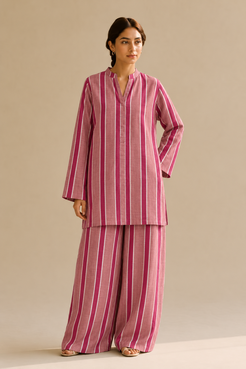 Mauve Striped Tunic and Wide-Leg Trouser Set