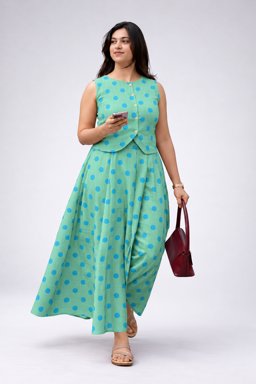 Aqua and Blue Polka Dot Sleeveless Vest and Maxi Skirt Set