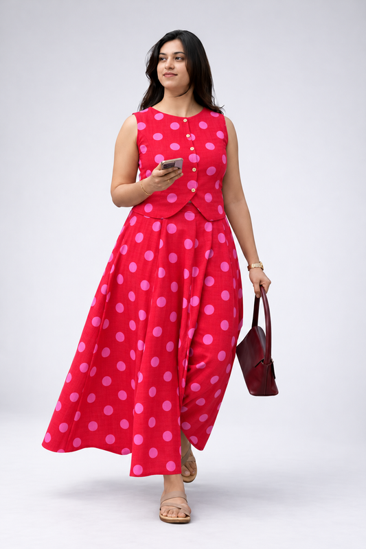 Red and Pink Polka Dot Sleeveless Vest and Maxi Skirt Set - Style 2