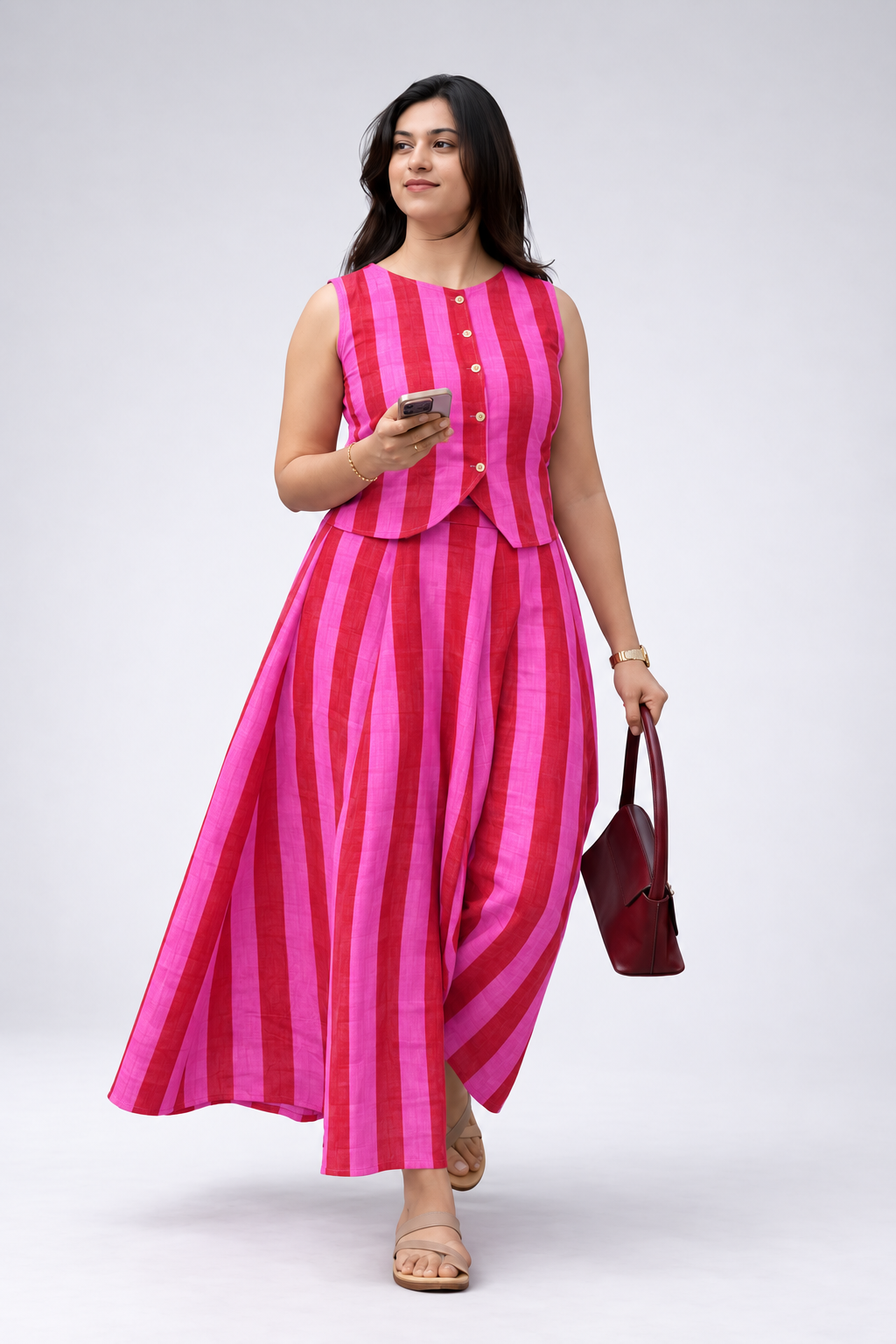 Pink Striped Sleeveless Vest and Maxi Skirt Set