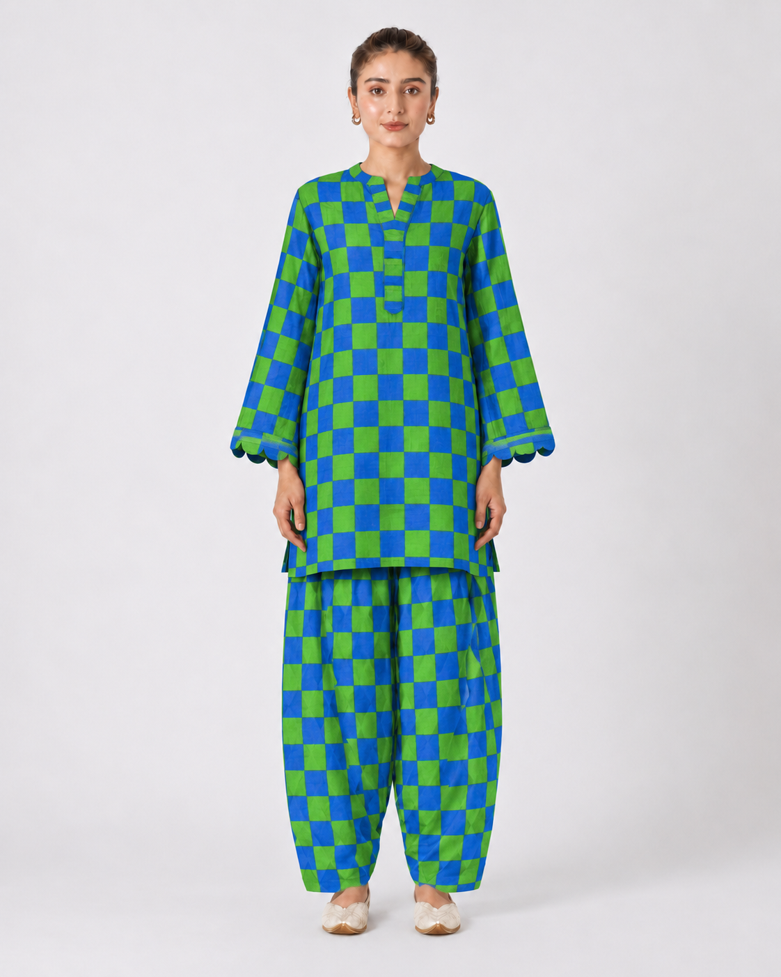 Blue and Green Checked Tunic and Harem Pant Set