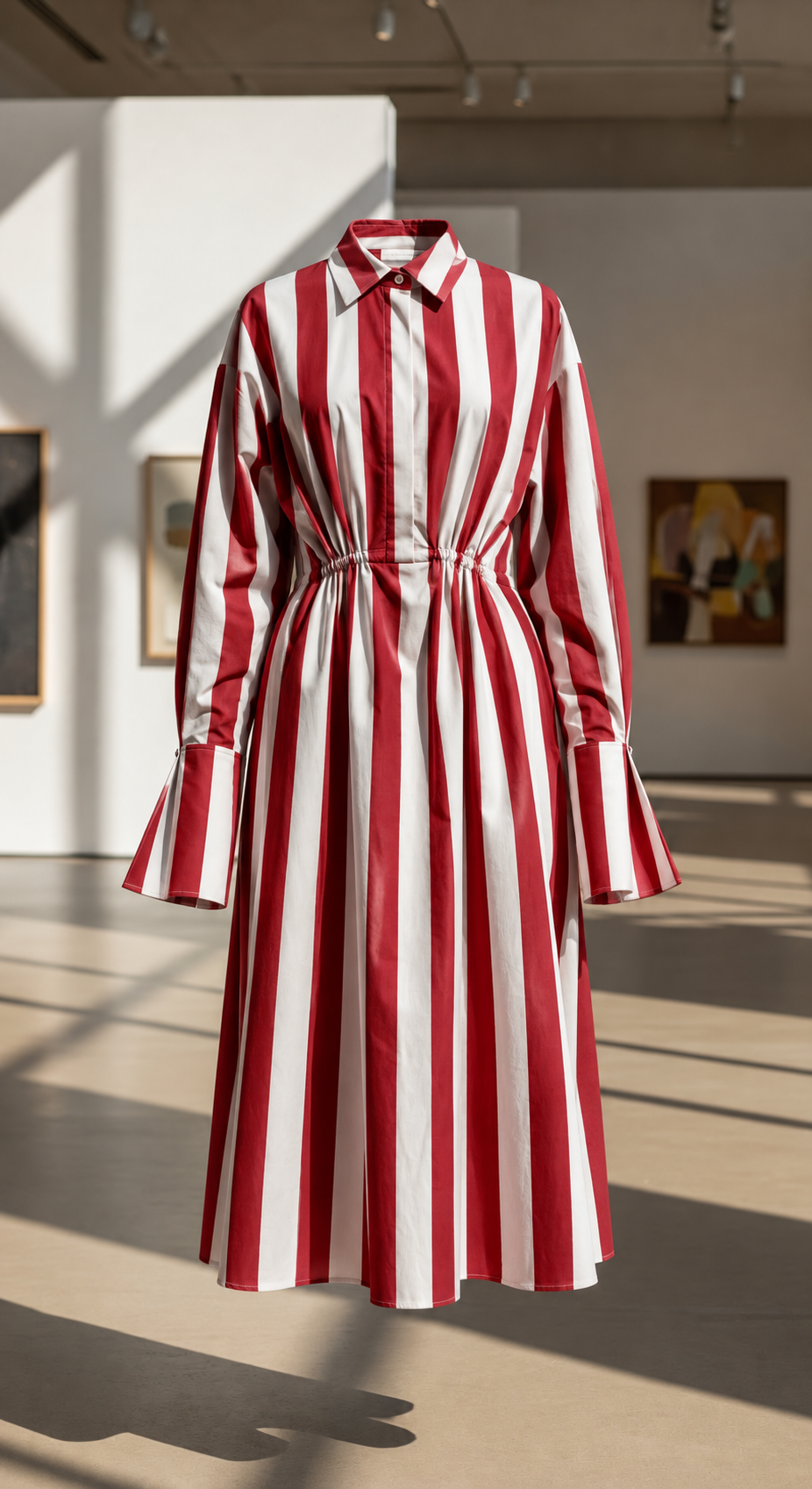 Red and White Striped Belted Shirt Midi Dress
