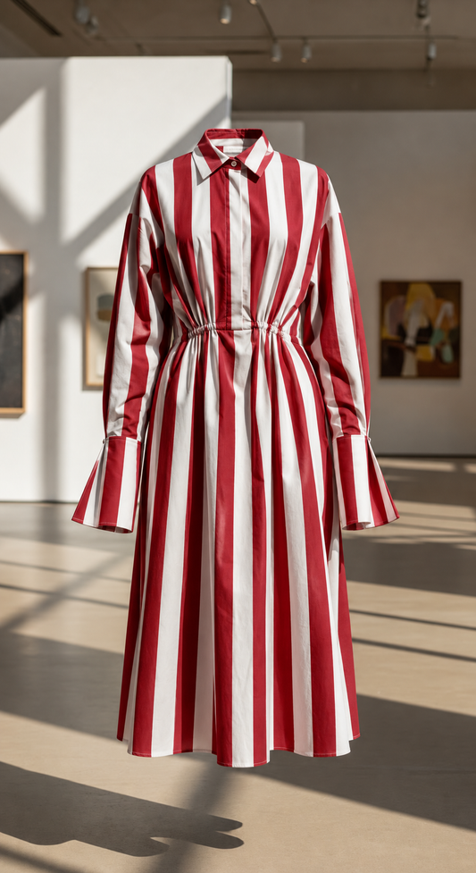 Red and White Striped Belted Shirt Midi Dress