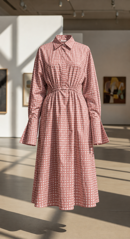Blush Checked Belted Shirt Midi Dress