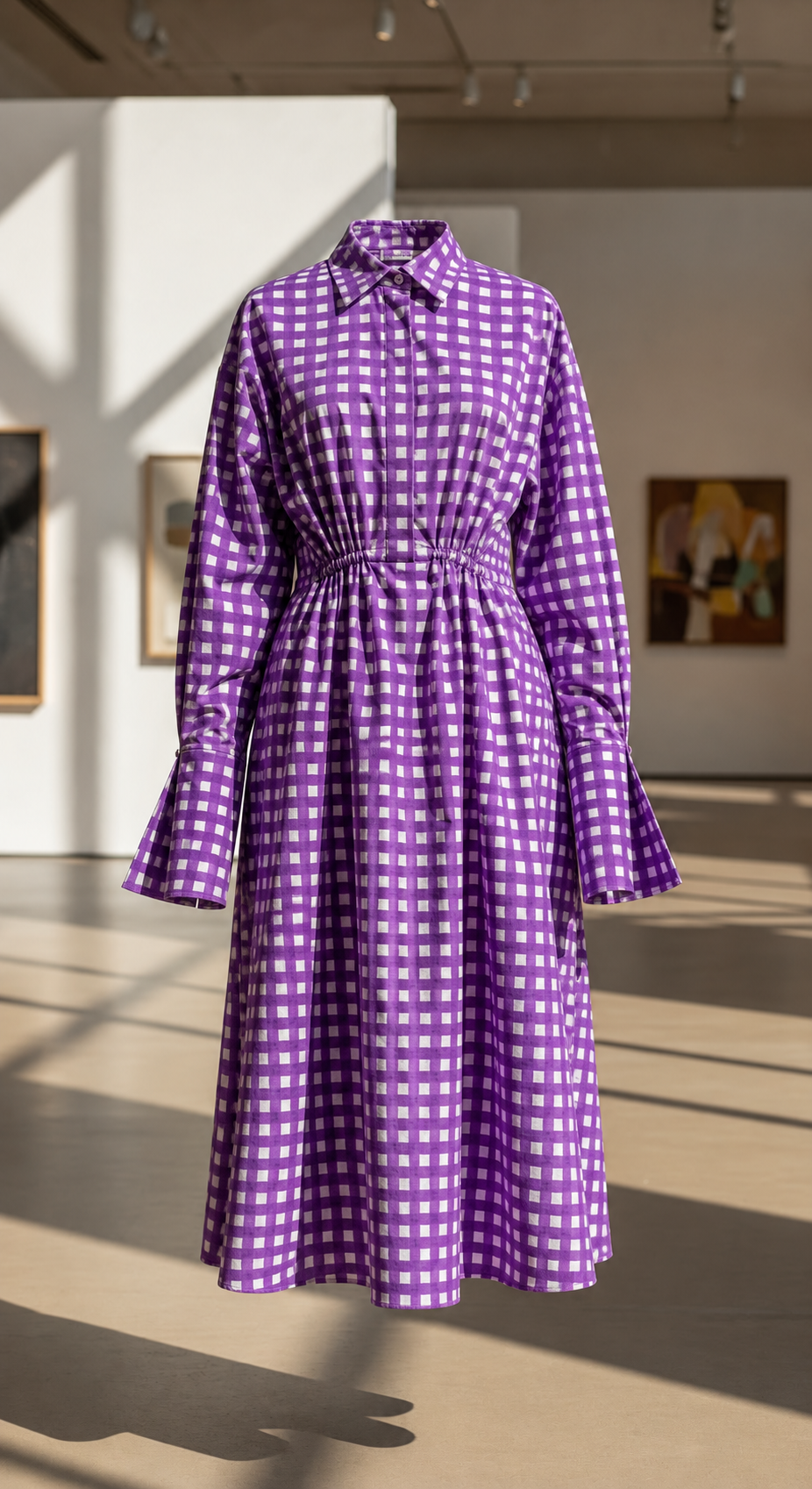 Purple Checked Belted Shirt Midi Dress