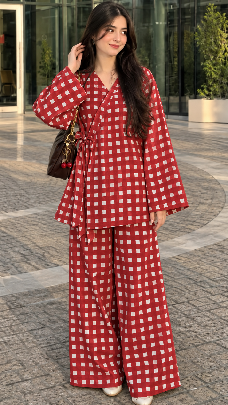 Red Square Check Wrap Tunic and Wide-Leg Trouser Set