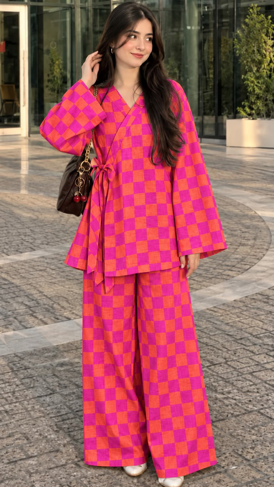 Orange and Pink Checked Wrap Tunic and Wide-Leg Trouser Set
