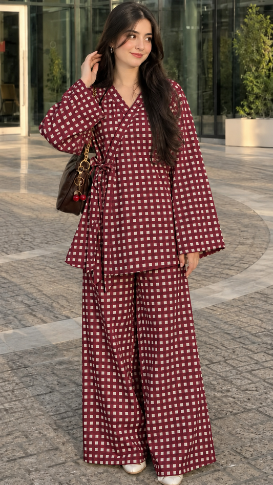 Maroon Mini Check Wrap Tunic and Wide-Leg Trouser Set