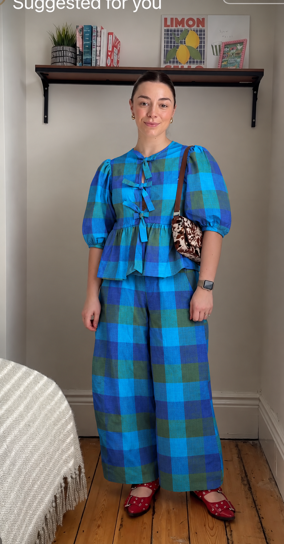 Blue and Green Checked Bow-Front Peplum Co-ord Set