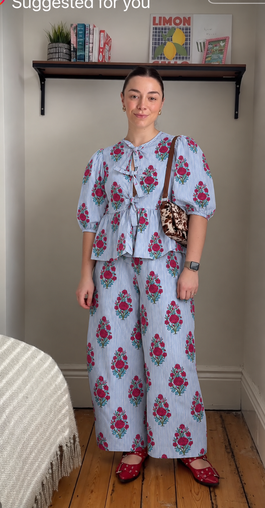 Pale Blue Floral Bow-Front Peplum Co-ord Set