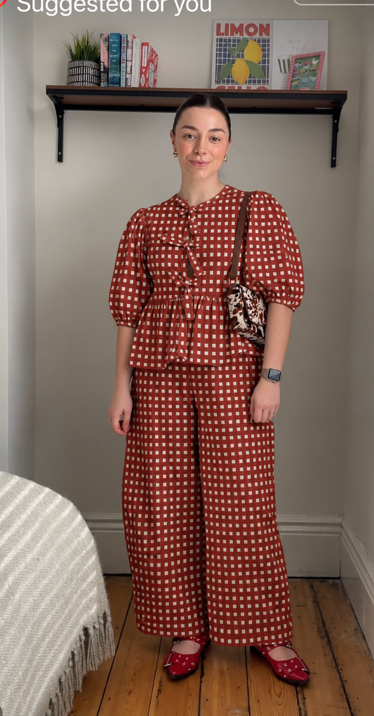 Red Square Check Bow-Front Peplum Co-ord Set