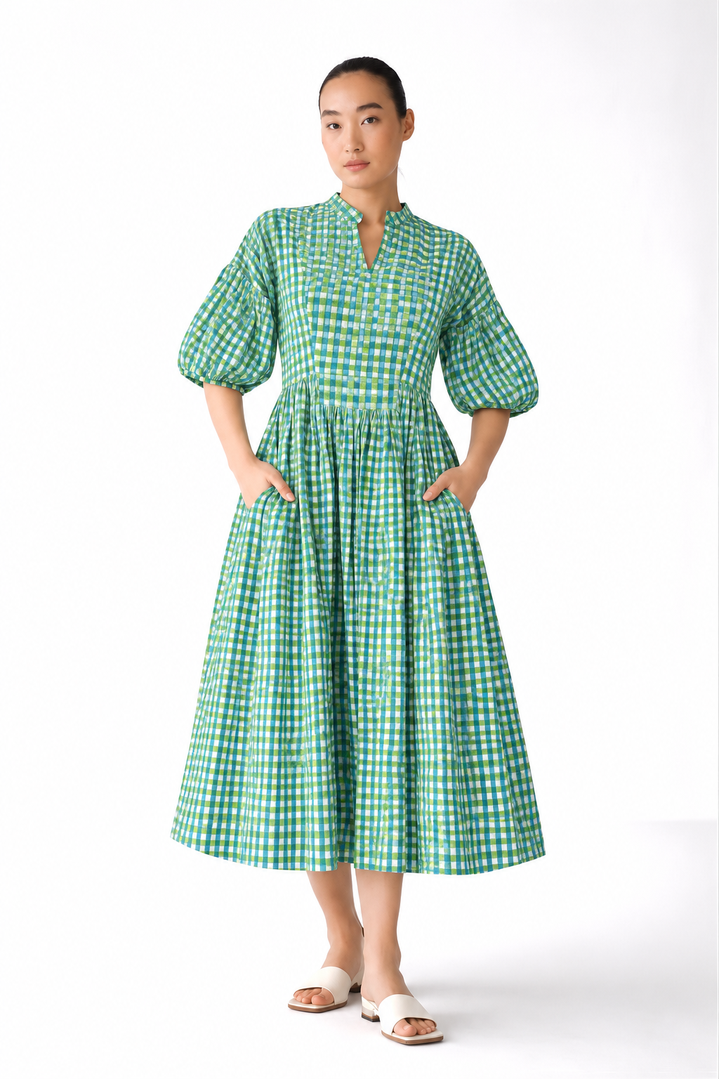 Green Checked Printed Inset Midi Dress