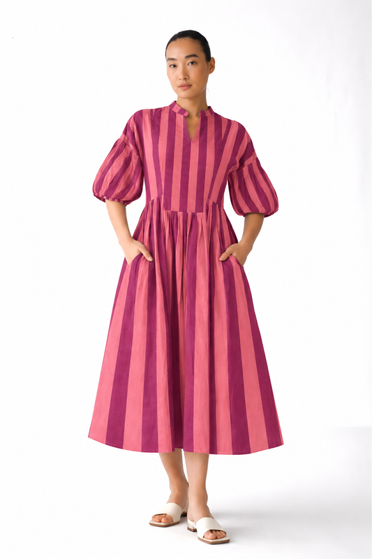 Pink Striped Printed Inset Midi Dress