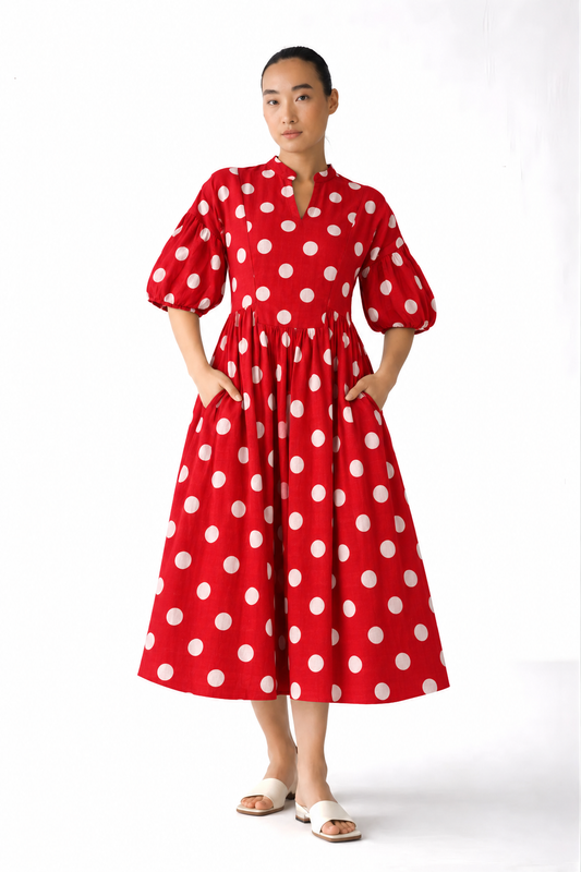 Red and White Polka Dot Printed Inset Midi Dress