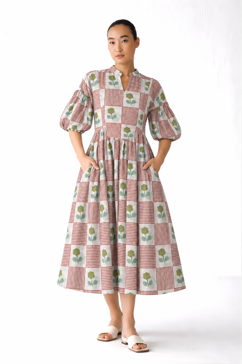 Blush Floral Patchwork Printed Inset Midi Dress