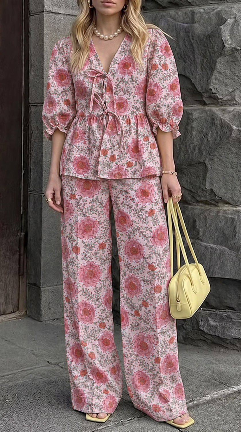 Pink Floral Tie-Front Peplum Co-ord Set