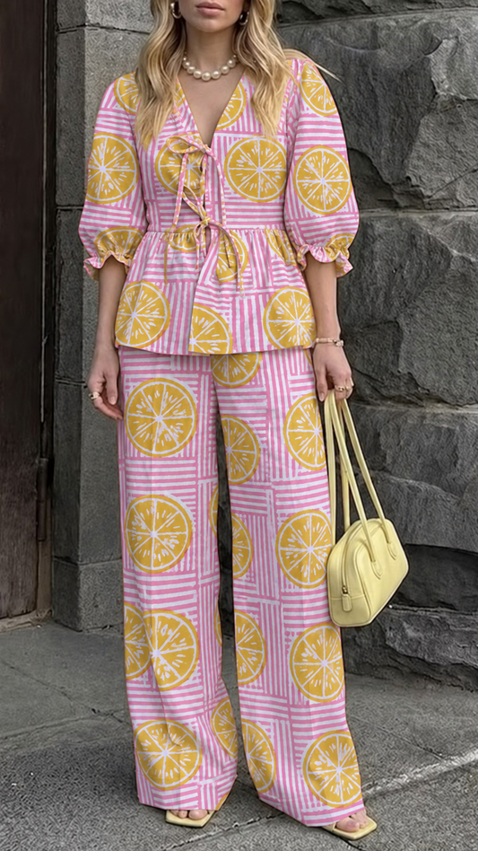 Lilac and Yellow Geometric Tie-Front Peplum Co-ord Set