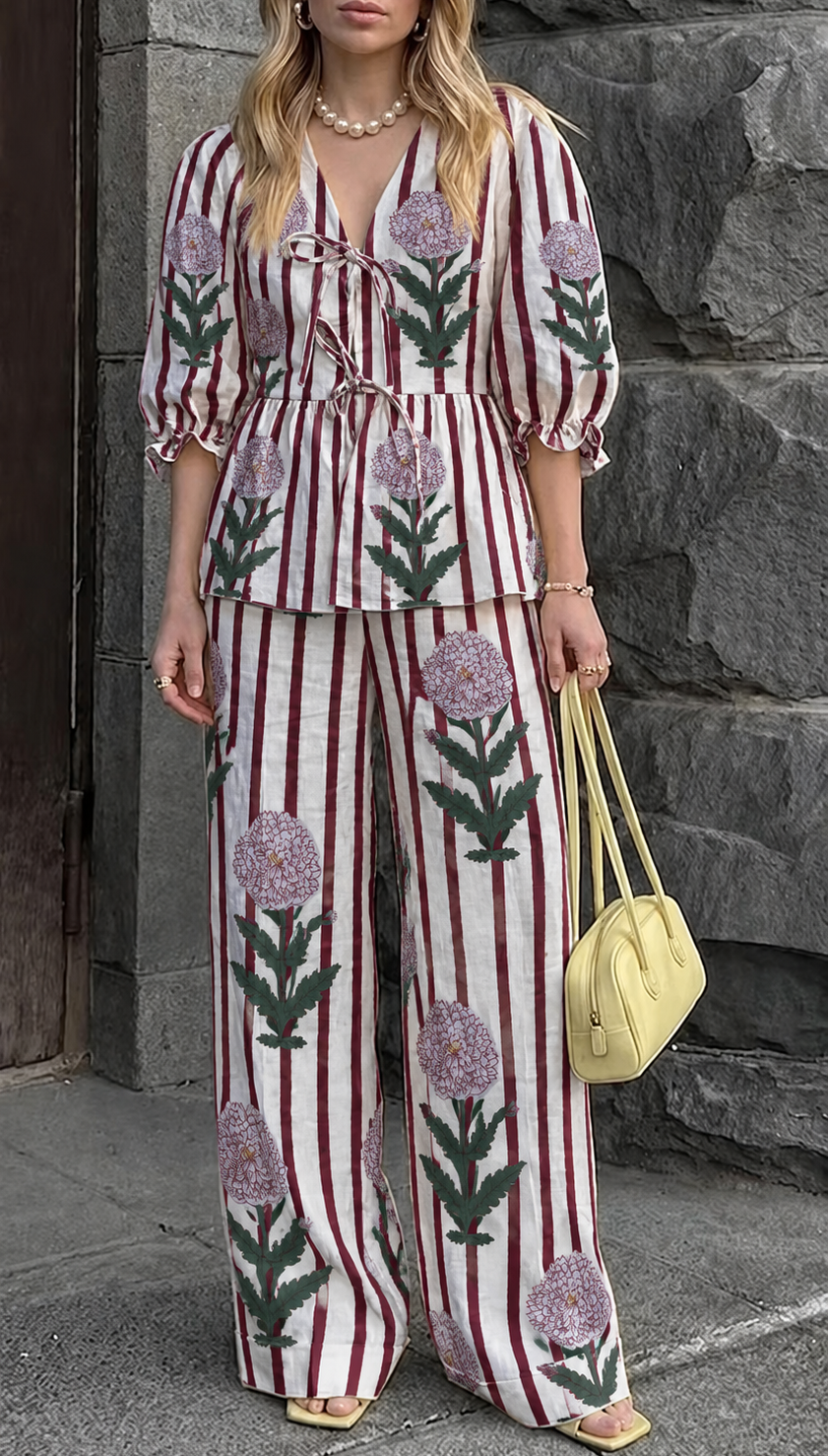 Pink Floral Striped Tie-Front Peplum Co-ord Set