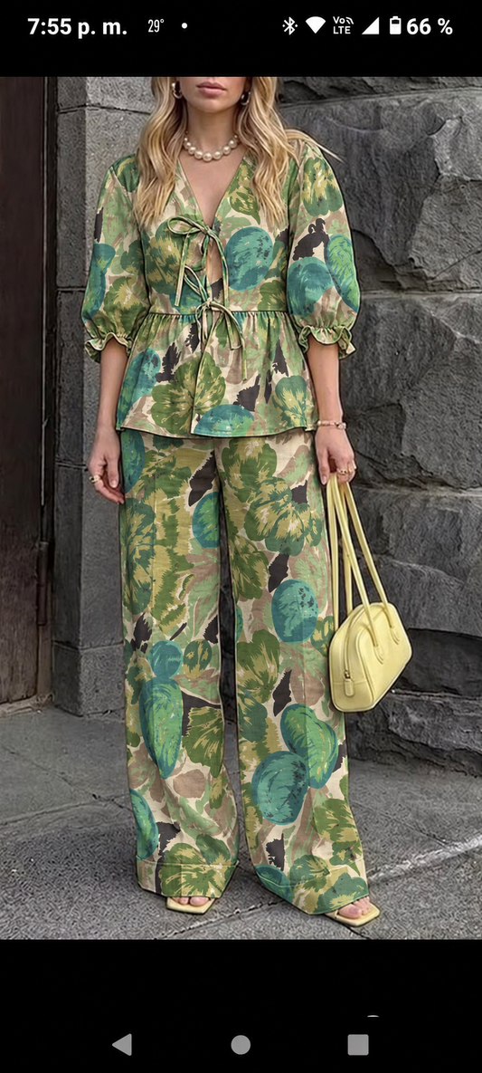 Green Botanical Tie-Front Peplum Co-ord Set