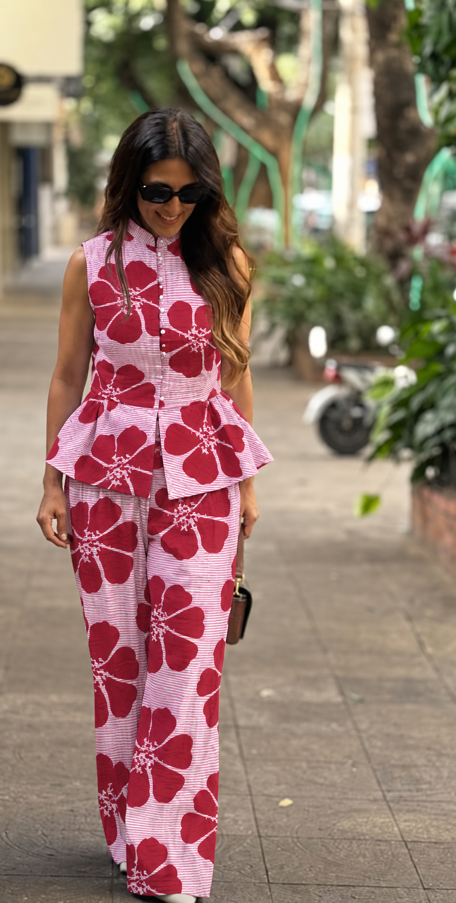 White and Red Floral Sleeveless Peplum Co-ord Set