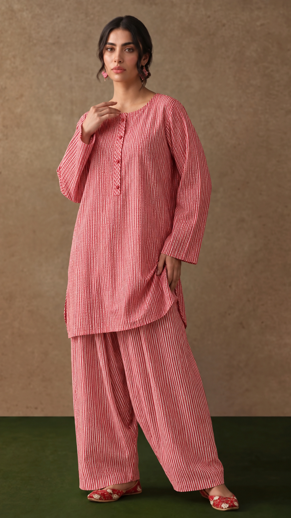 Pink Pinstriped Loose Kurta and Harem Pant Set