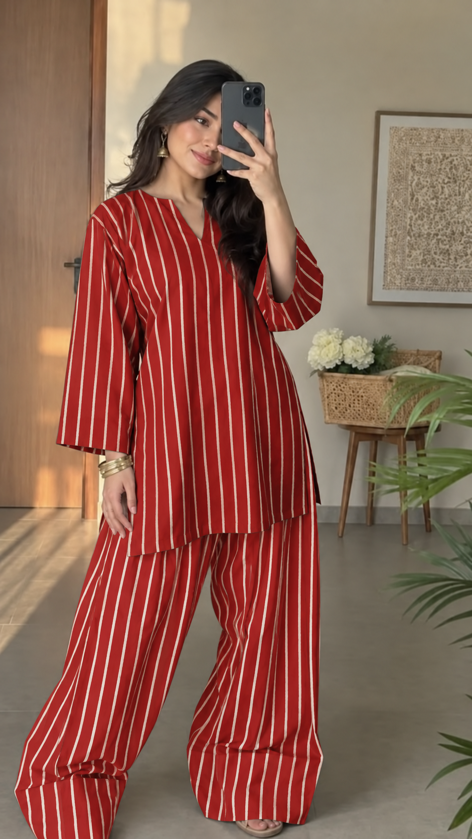 Red and White Striped Asymmetric Tunic and Palazzo Set