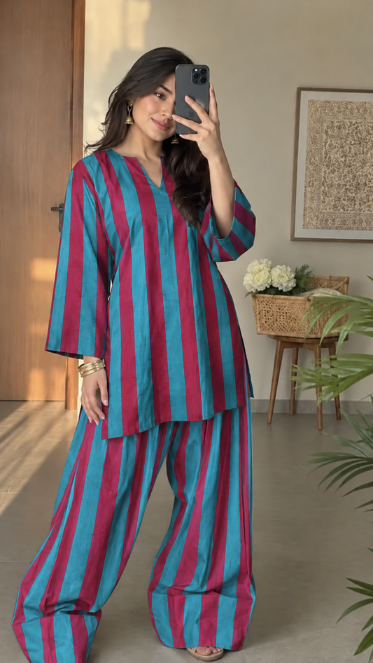 Teal and Magenta Striped Asymmetric Tunic and Palazzo Set