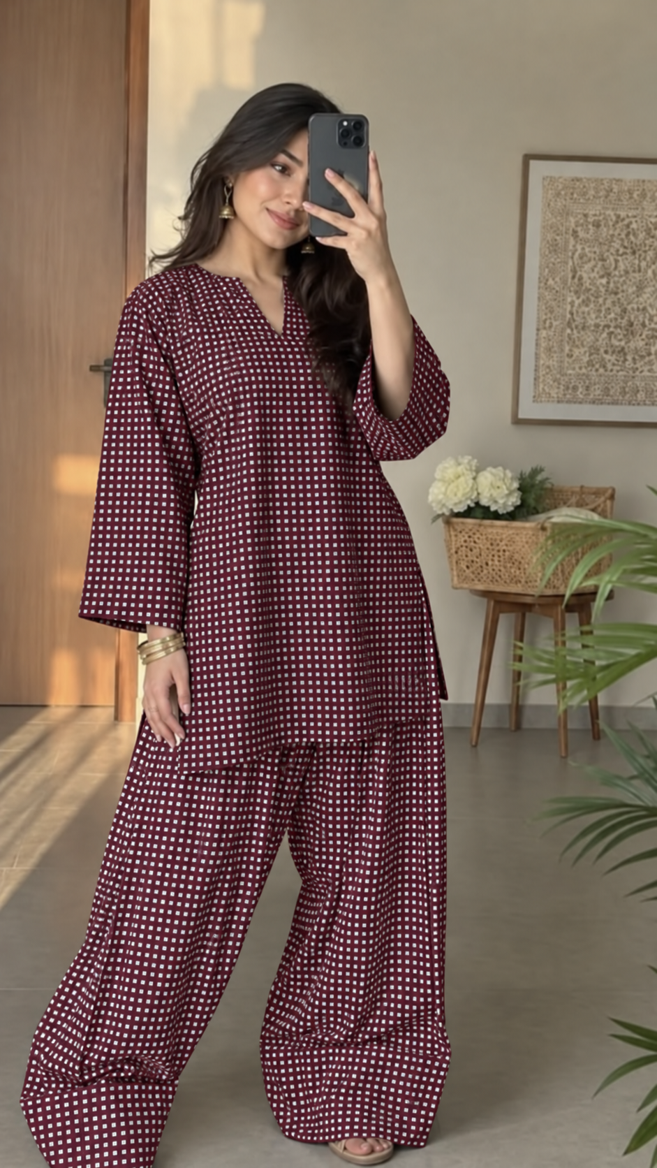 Maroon Mini Check Asymmetric Tunic and Palazzo Set