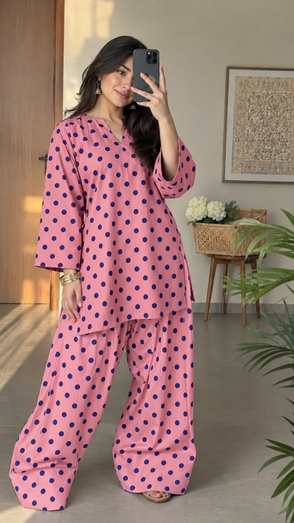 Pink and Navy Polka Dot Asymmetric Tunic and Palazzo Set