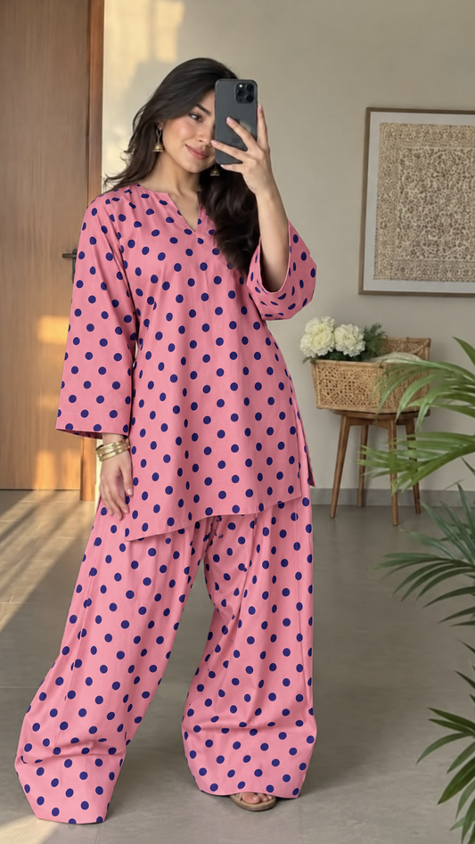 Pink and Navy Polka Dot Asymmetric Tunic and Palazzo Set