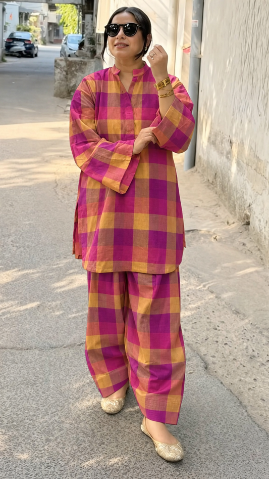Magenta and Mustard Checked Band-Collar Kurta and Balloon Pant Set