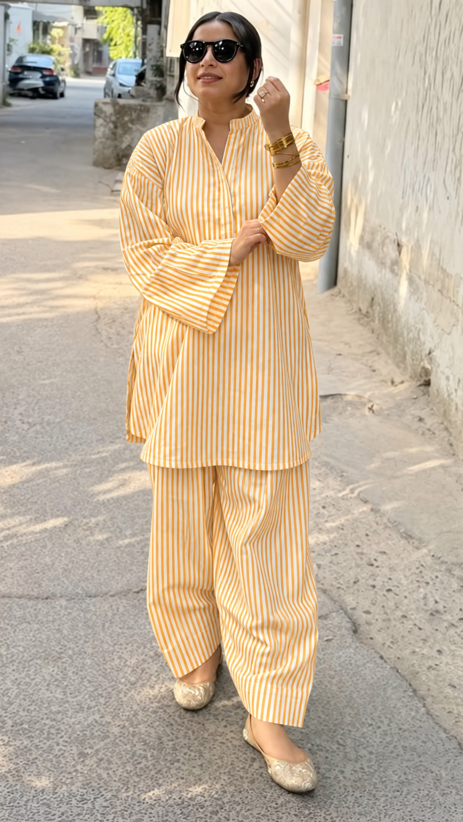 Mustard Striped Band-Collar Kurta and Balloon Pant Set