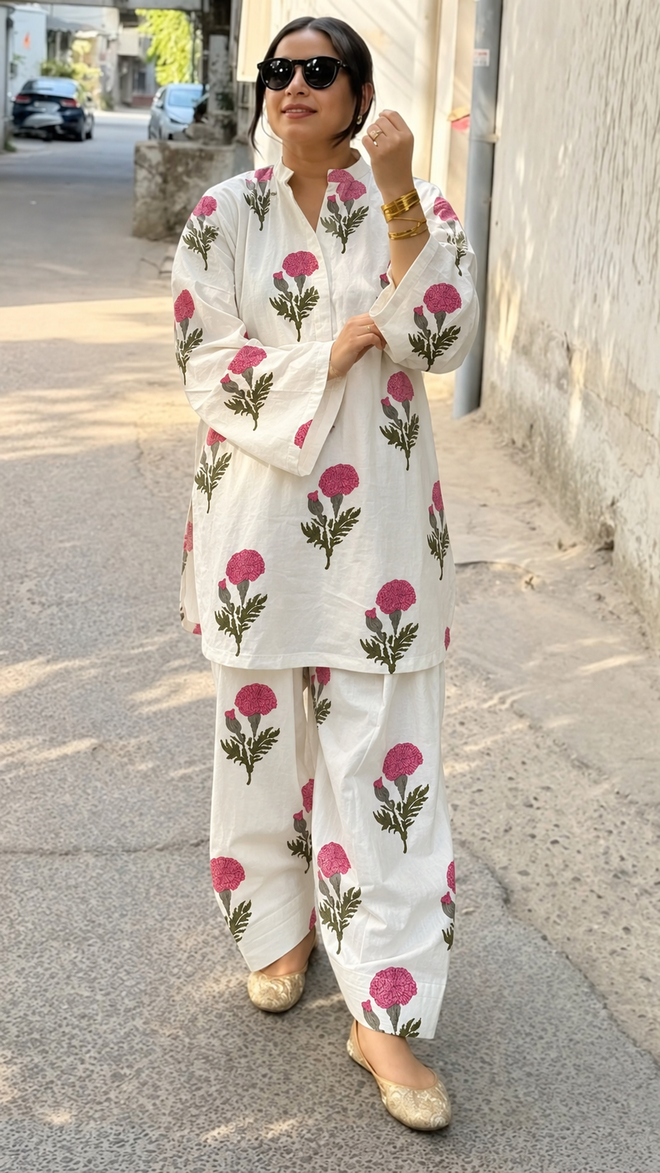 White and Pink Floral Band-Collar Kurta and Balloon Pant Set