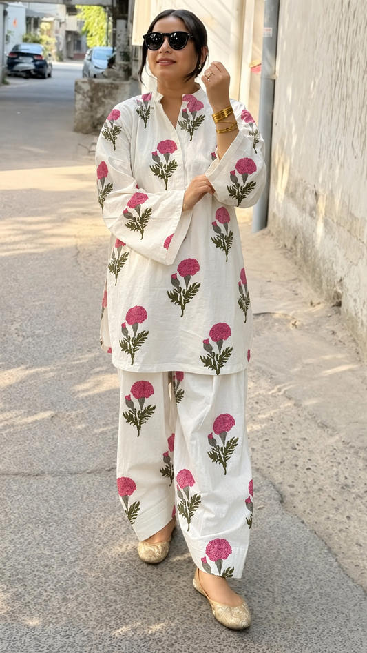 White and Pink Floral Band-Collar Kurta and Balloon Pant Set