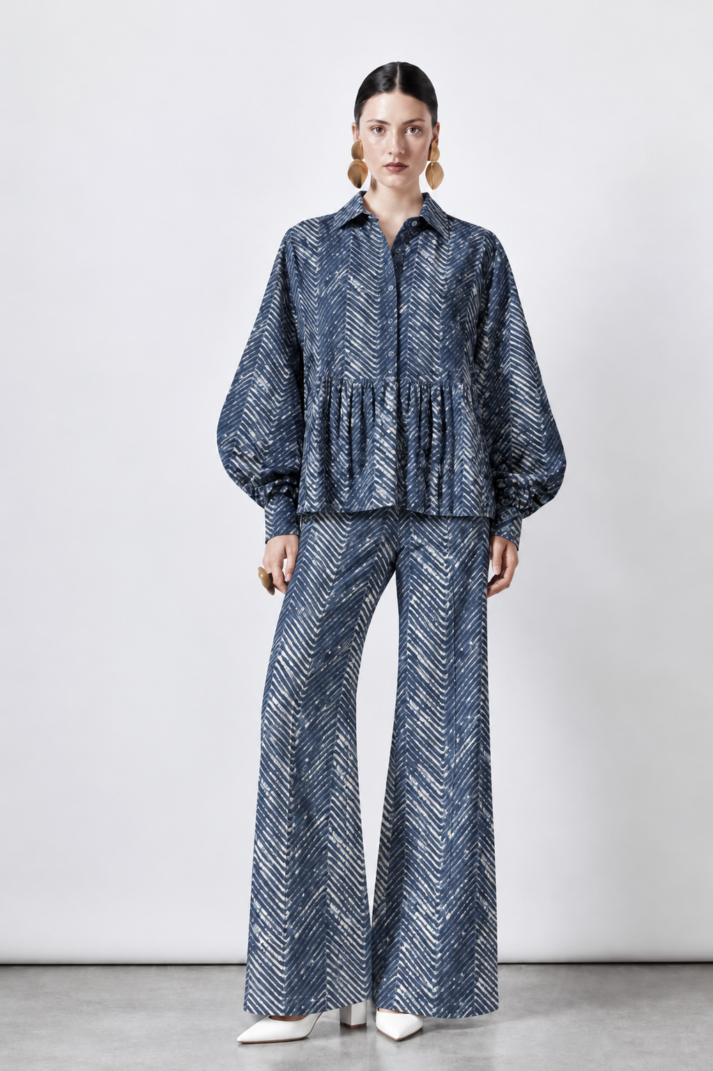 Navy Chevron Babydoll Blouse and Wide-Leg Trouser Set