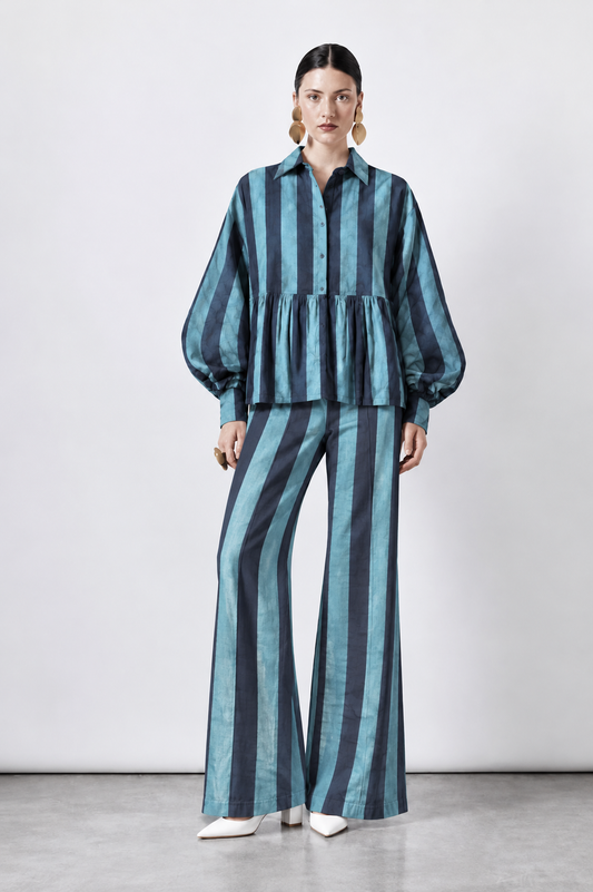 Aqua and Charcoal Striped Babydoll Blouse and Wide-Leg Trouser Set
