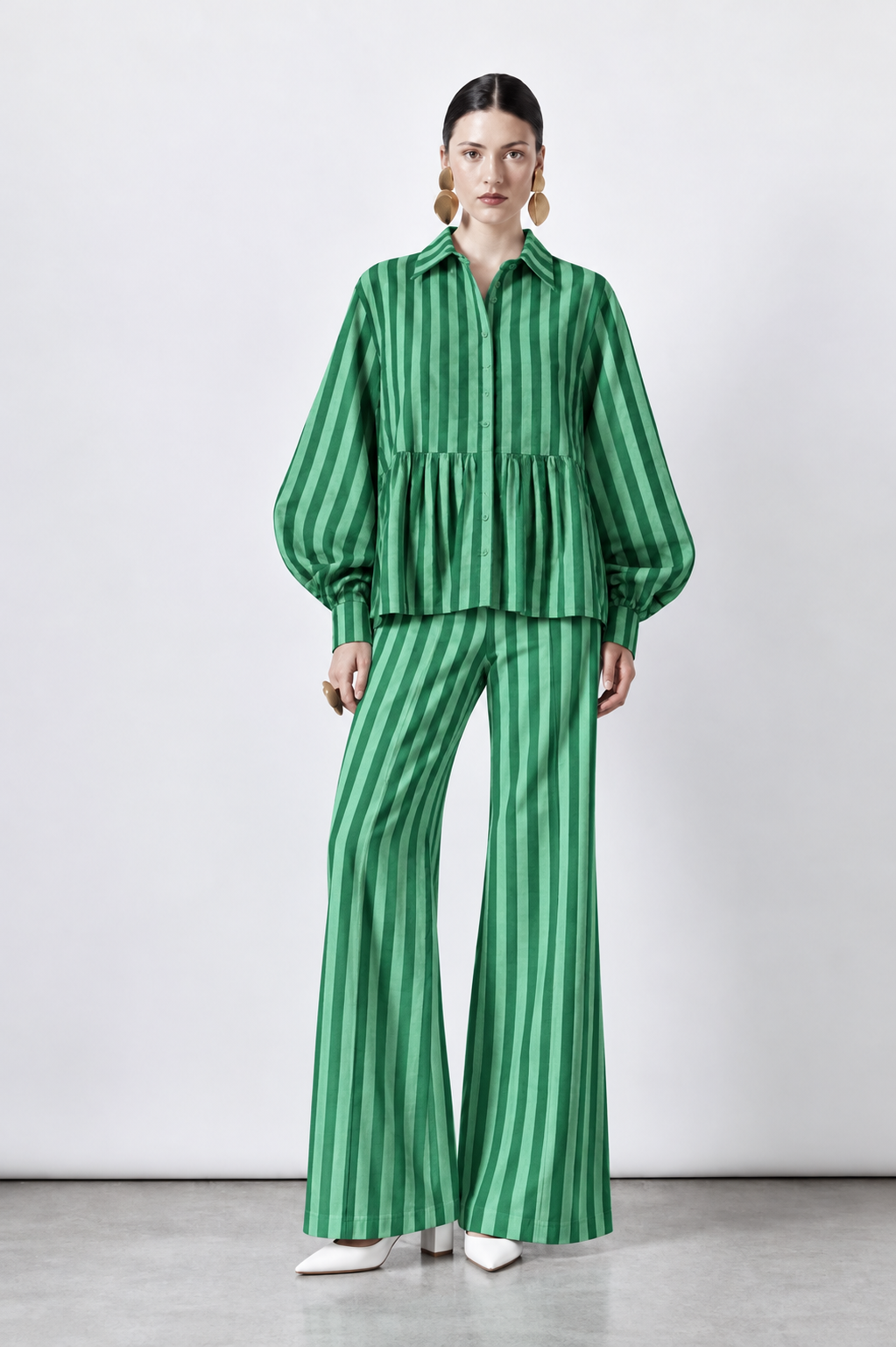 Green Striped Babydoll Blouse and Wide-Leg Trouser Set