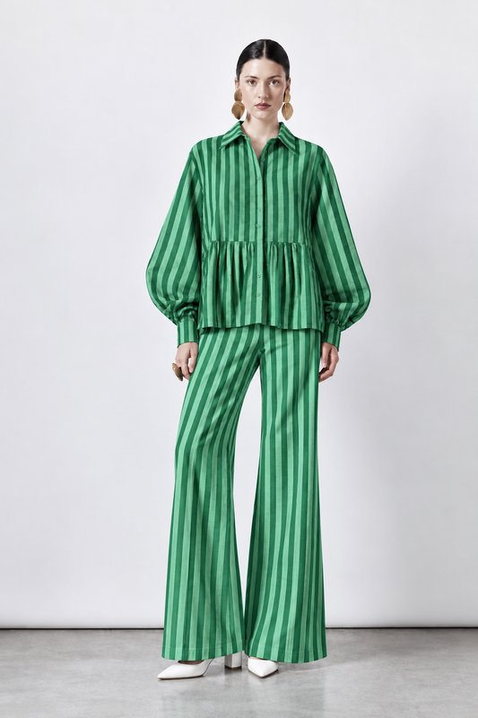 Green Striped Babydoll Blouse and Wide-Leg Trouser Set