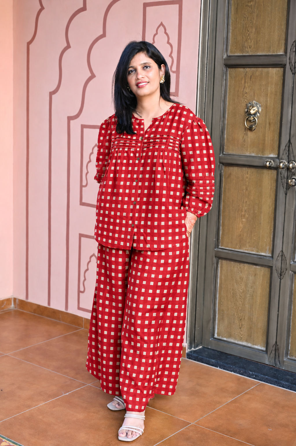 Red Checked Pintuck Blouse and Wide-Leg Trouser Set