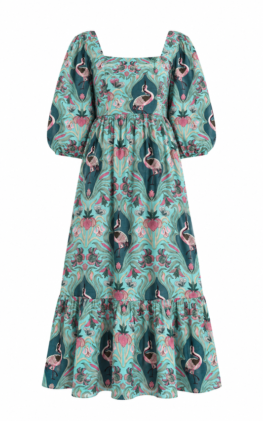 Teal Botanical Square-Neck Tiered Maxi Dress
