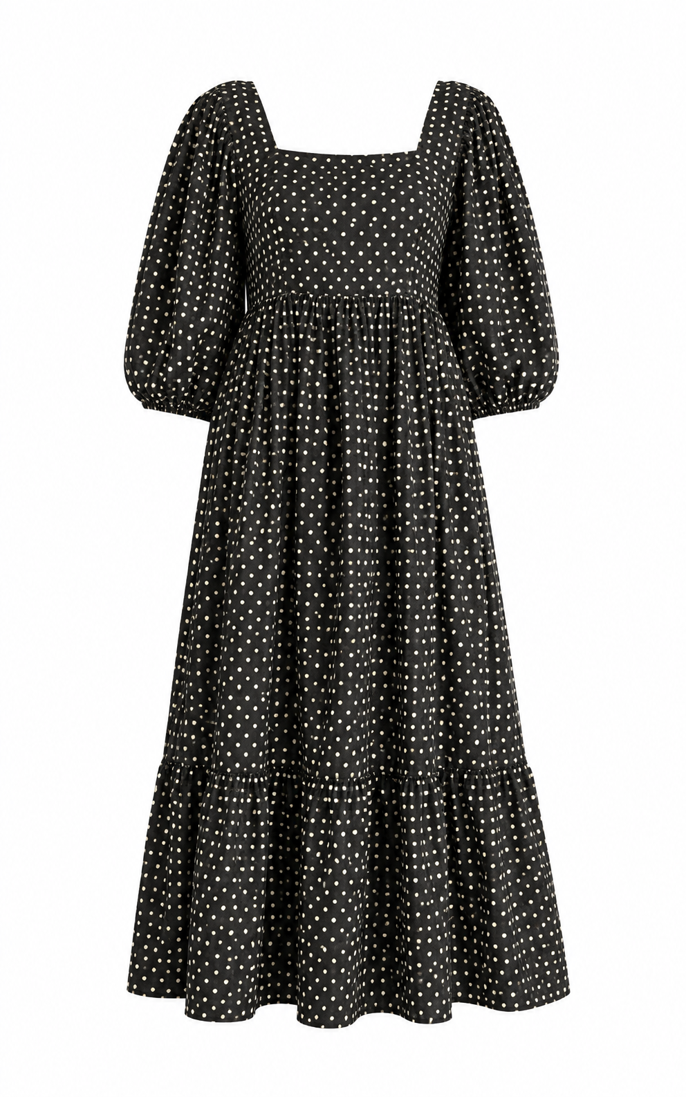 Black and White Polka Dot Square-Neck Tiered Maxi Dress