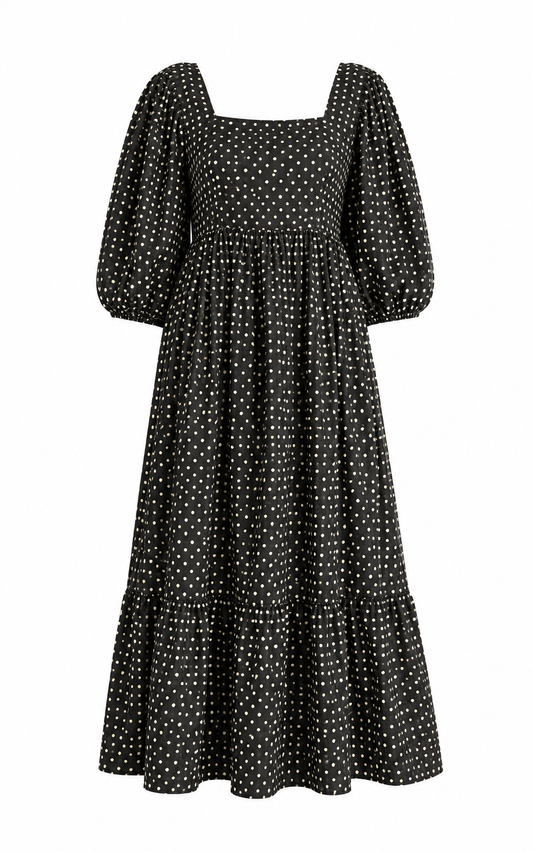 Black and White Polka Dot Square-Neck Tiered Maxi Dress