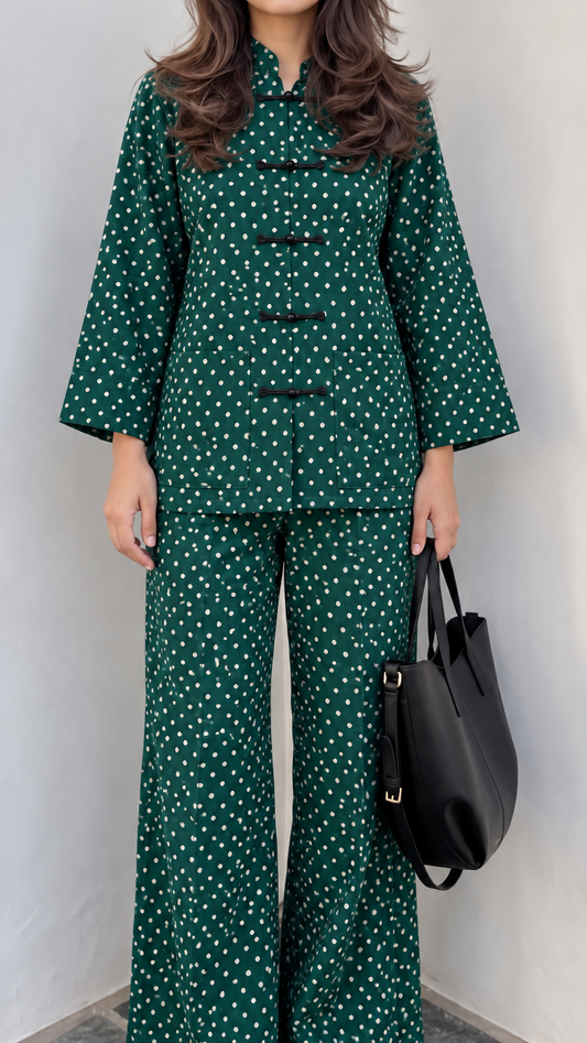 Emerald and White Polka Dot Frog-Button Jacket and Trouser Set
