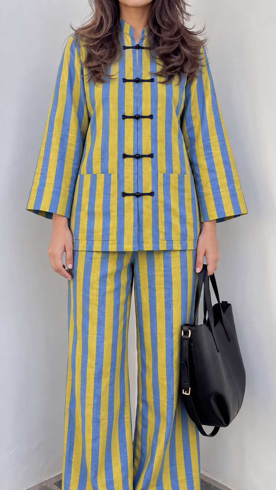 Blue and Yellow Striped Frog-Button Jacket and Trouser Set
